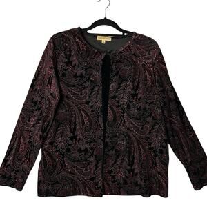 Notations Top Womens XL Black‎ Red Sequin Long Sleeve Layered Look Floral Blouse